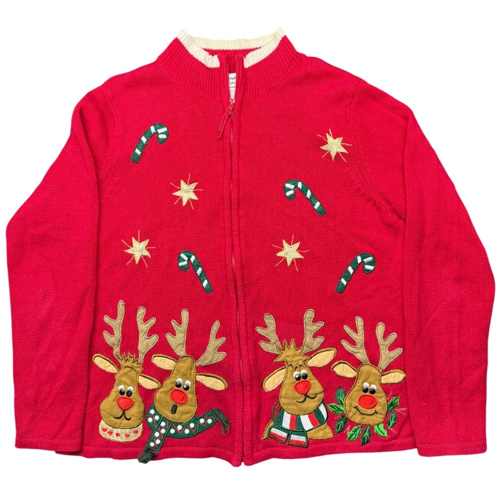 Tiara International Christmas Reindeer Zip Cardigan Sweater‎ Women Medium Red